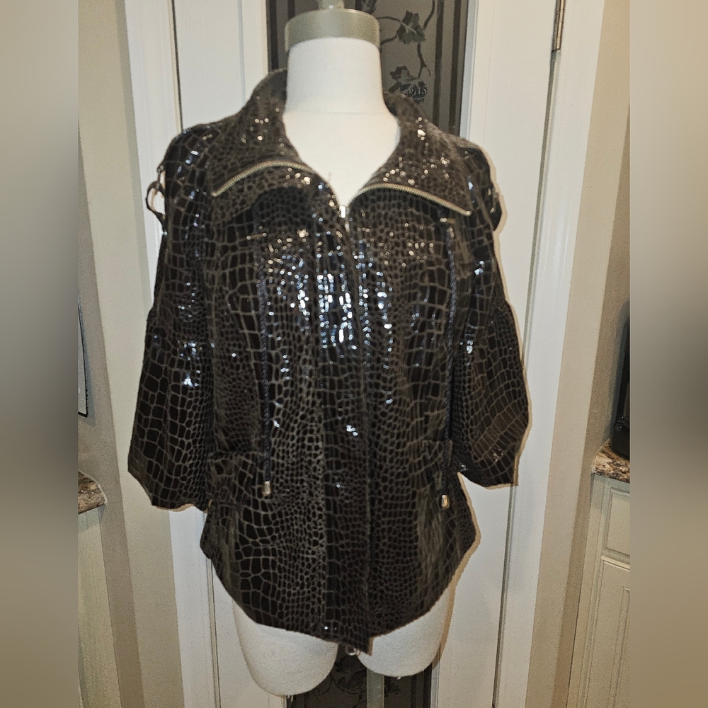 berek Black Brown Croc Embossed Lined Vintage Jacket Statement Sleeves Medium